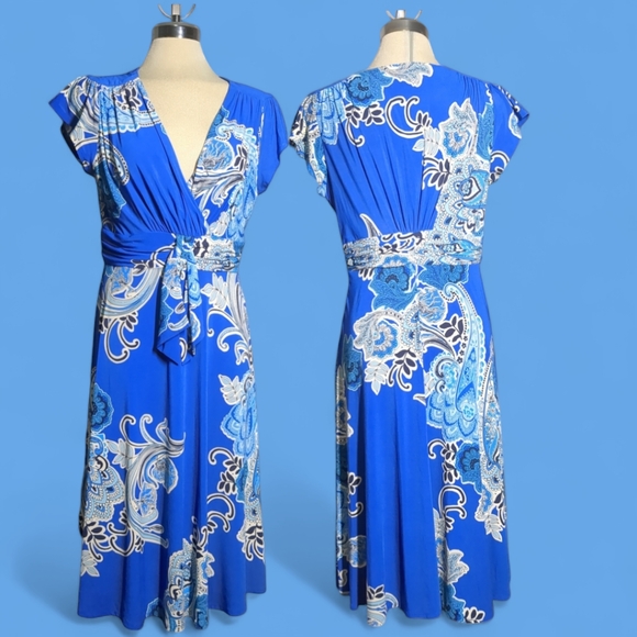 Evan Picone Blue Print Flare Dress Size 10 - Picture 1 of 16